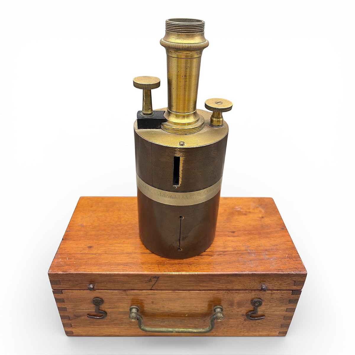 Solid Brass Surveyor's Square With Its Wooden Case - 19th Century