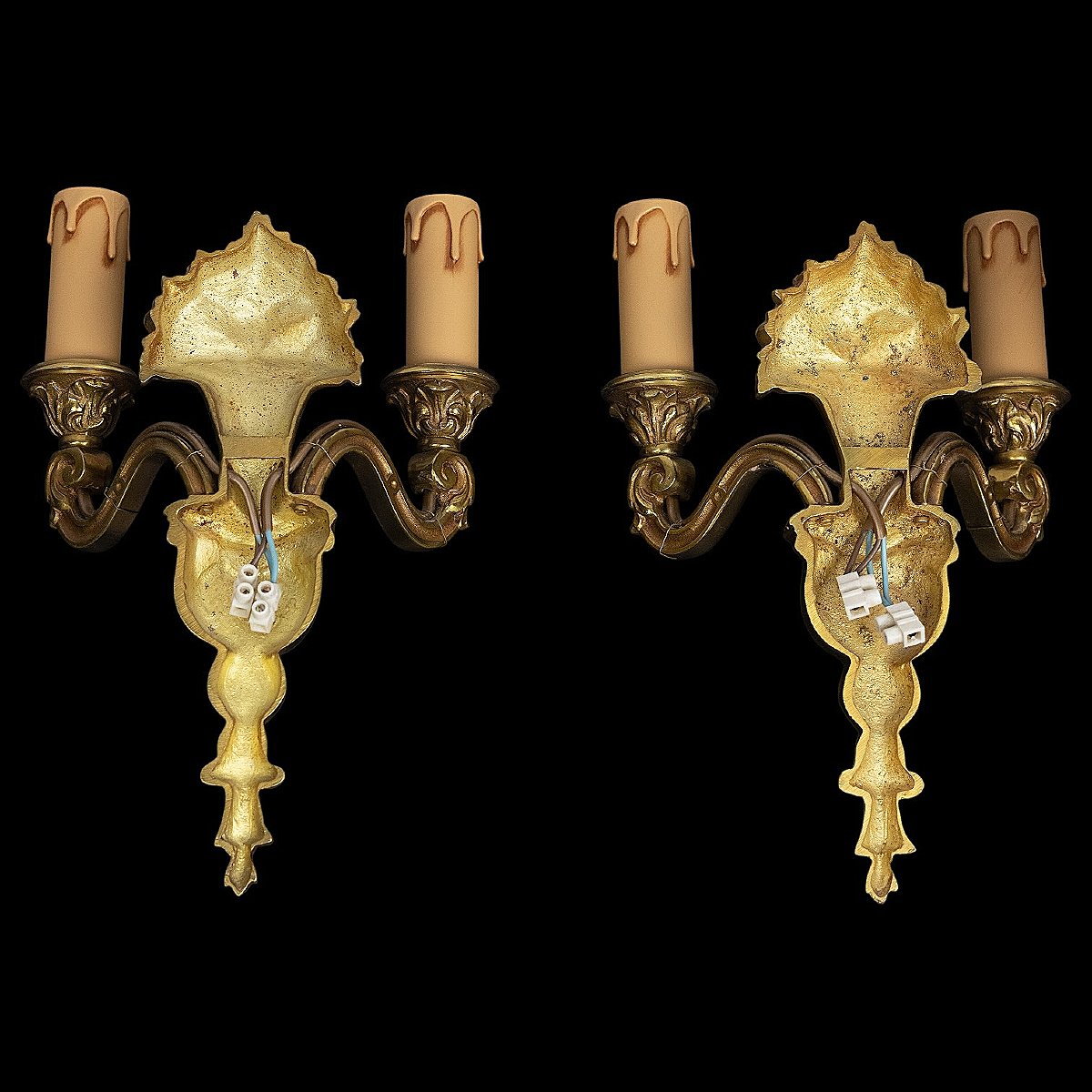 Pair Of Gilt Bronze Wall Sconces With Bouquets Of Roses - Louis XVI Style - 19th Century-photo-2