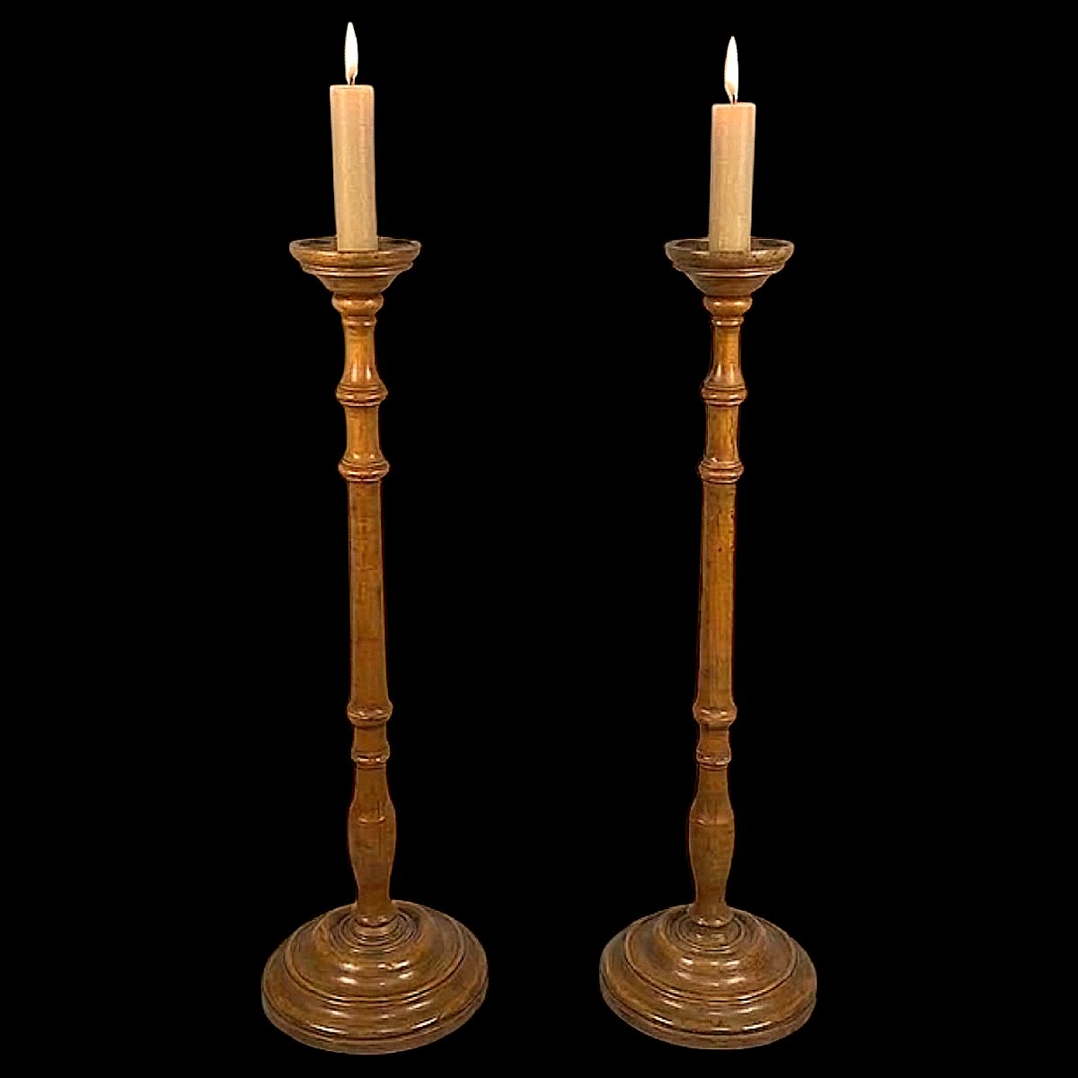Pair Of Turned Fruitwood Candle Holders - 19th Century - Height 1 M-photo-4