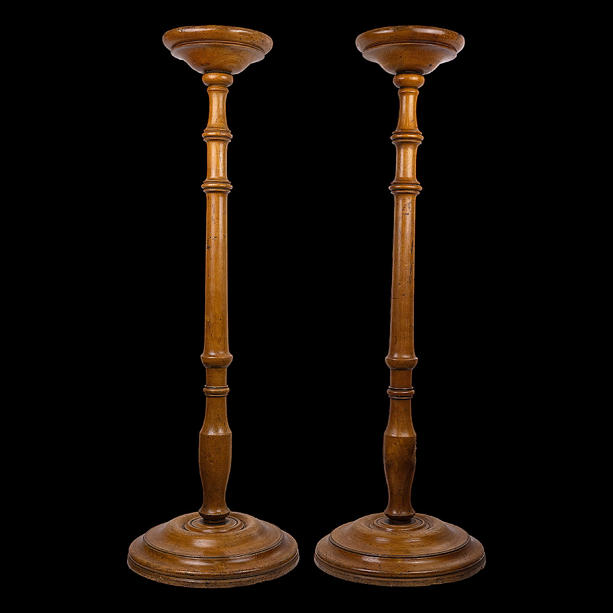 Pair Of Turned Fruitwood Candle Holders - 19th Century - Height 1 M