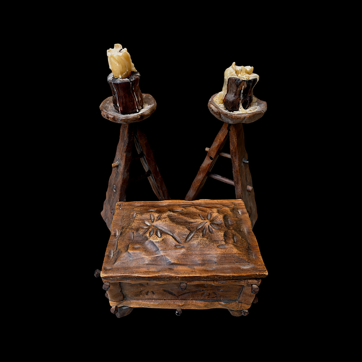 Medieval Style Carved Wooden Set - Studded Box & Two Candlesticks - Folk Art