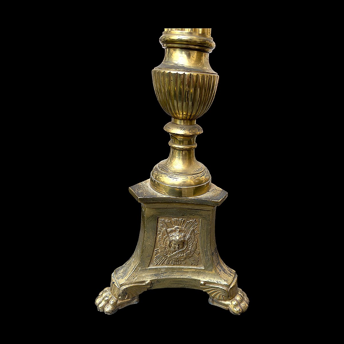 Pique Cierges d'Autel XIXe siècle en Bronze Doré à Décors de Trois Symboles Sacrés - H 73 cm-photo-2
