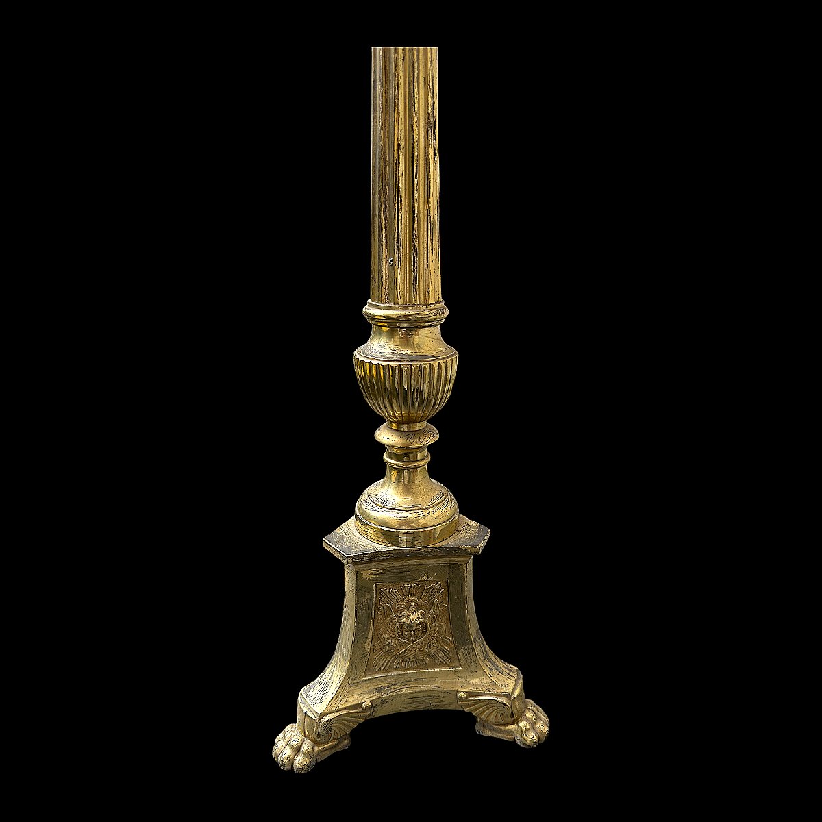 Pique Cierges d'Autel XIXe siècle en Bronze Doré à Décors de Trois Symboles Sacrés - H 73 cm-photo-7