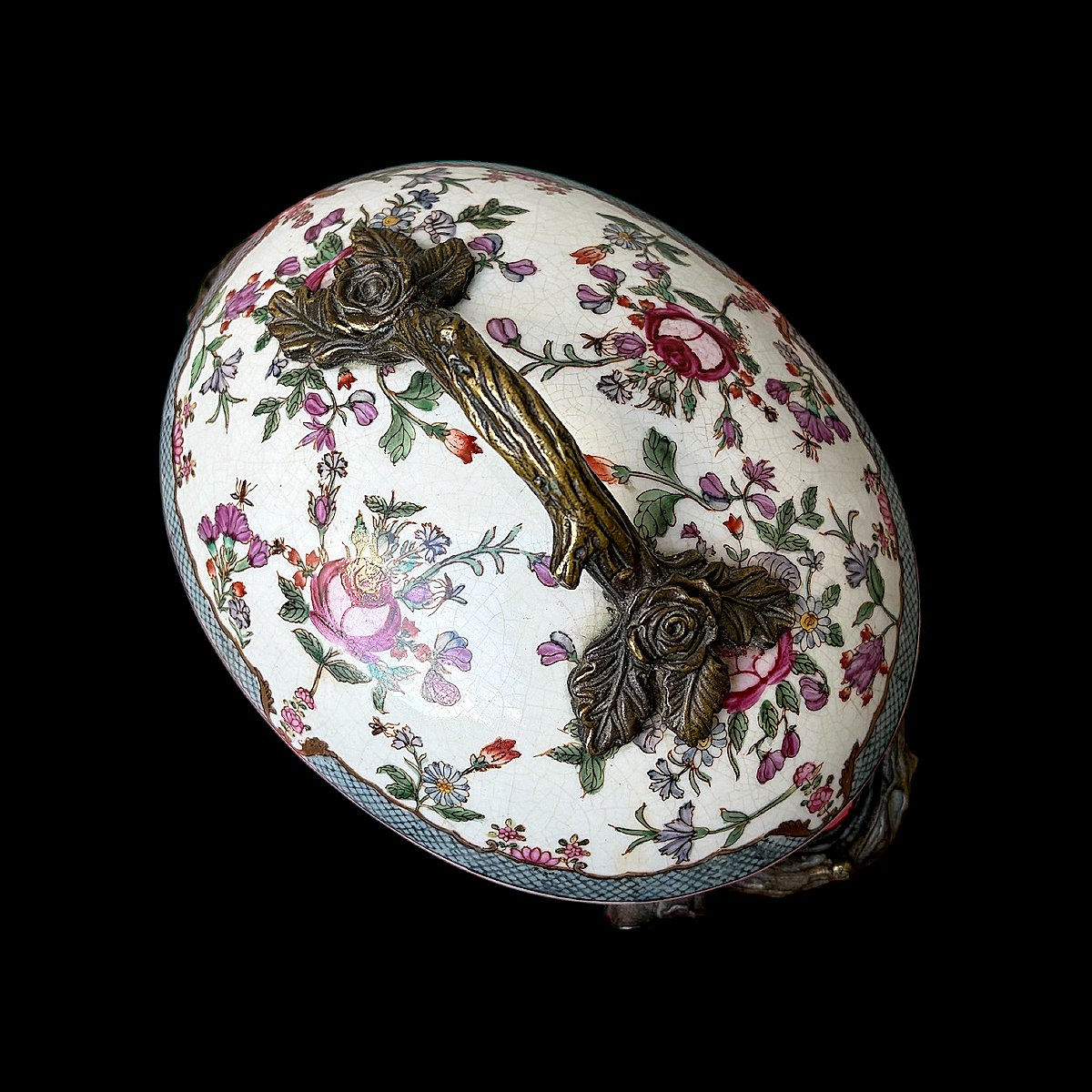 Porcelain And Bronze Bonbonnière With Floral Decoration - Late 19th Century - Dated & Marked 1895-photo-2