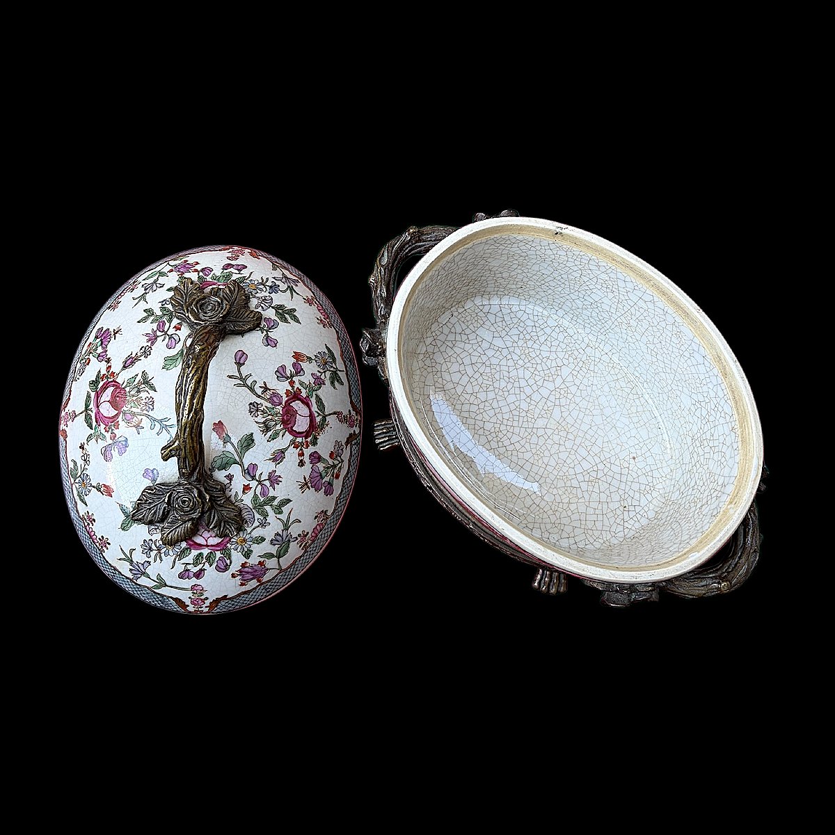 Porcelain And Bronze Bonbonnière With Floral Decoration - Late 19th Century - Dated & Marked 1895-photo-4
