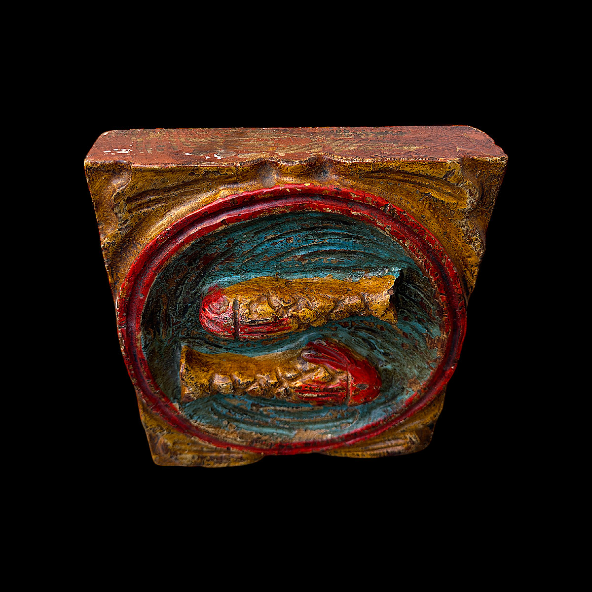 Polychrome Bas-relief In Solid Carved Wood In The Brutalist Style - Zodiac Sign "pisces"