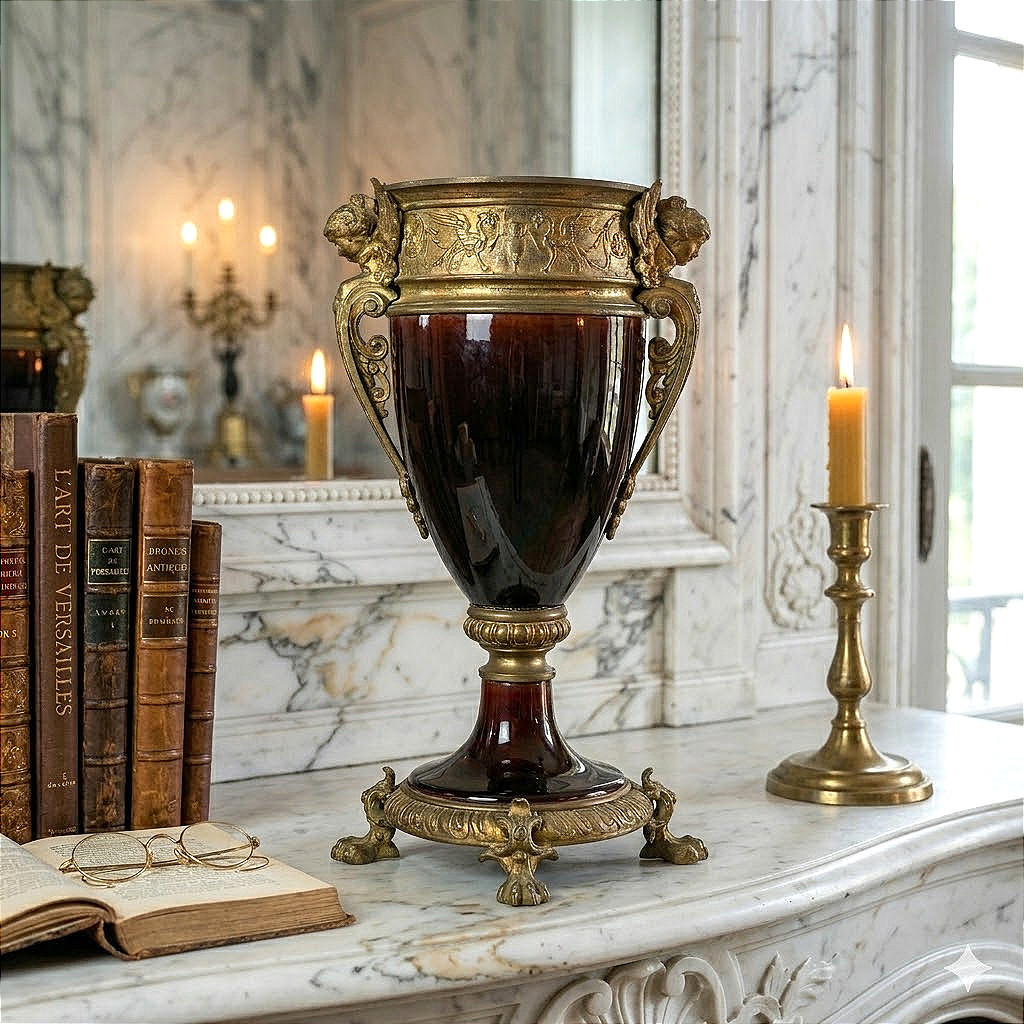 Vase sur piédouche de Style Louis XVI en céramique émaillée et métal doré - France - Fin XIXe-photo-4