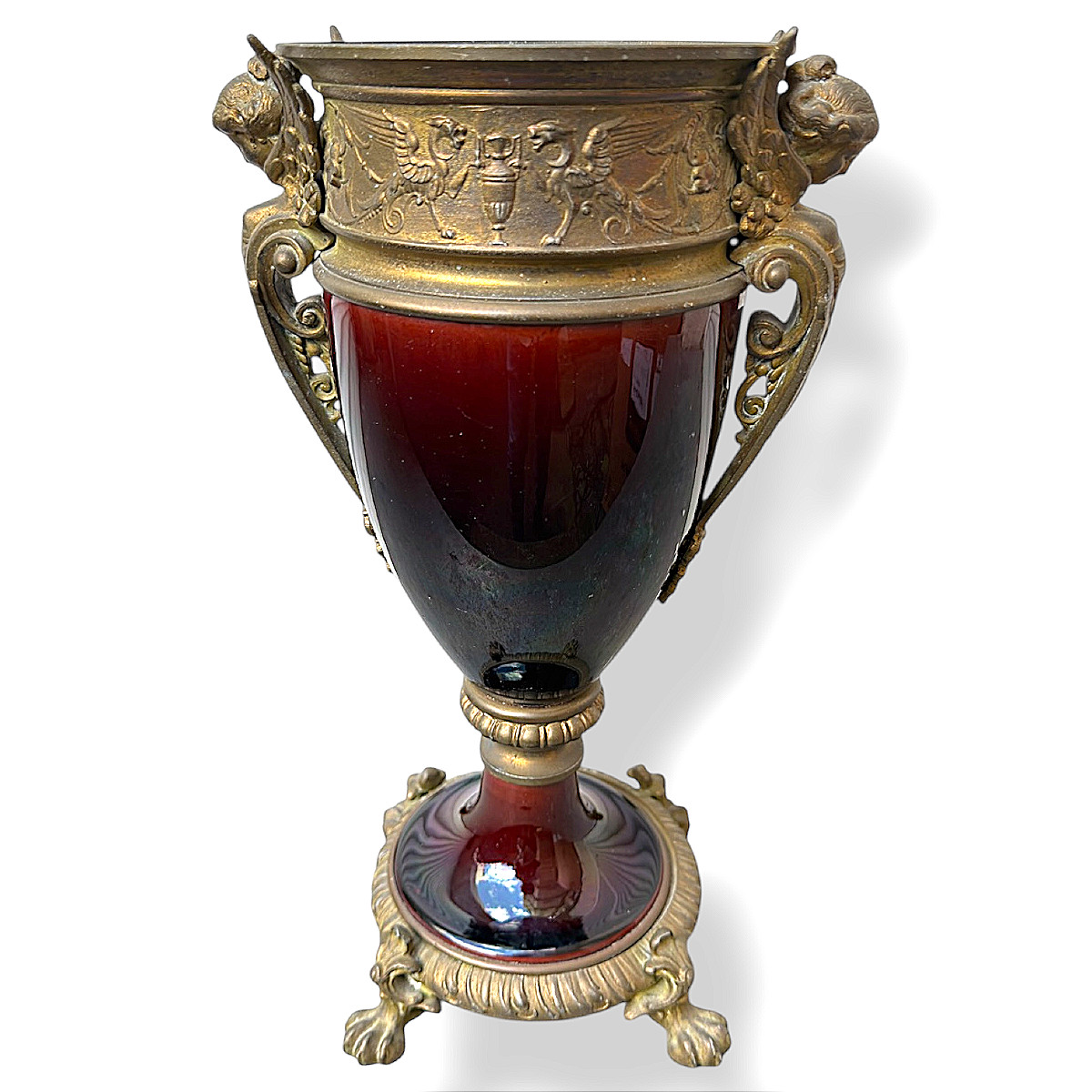 Vase sur piédouche de Style Louis XVI en céramique émaillée et métal doré - France - Fin XIXe