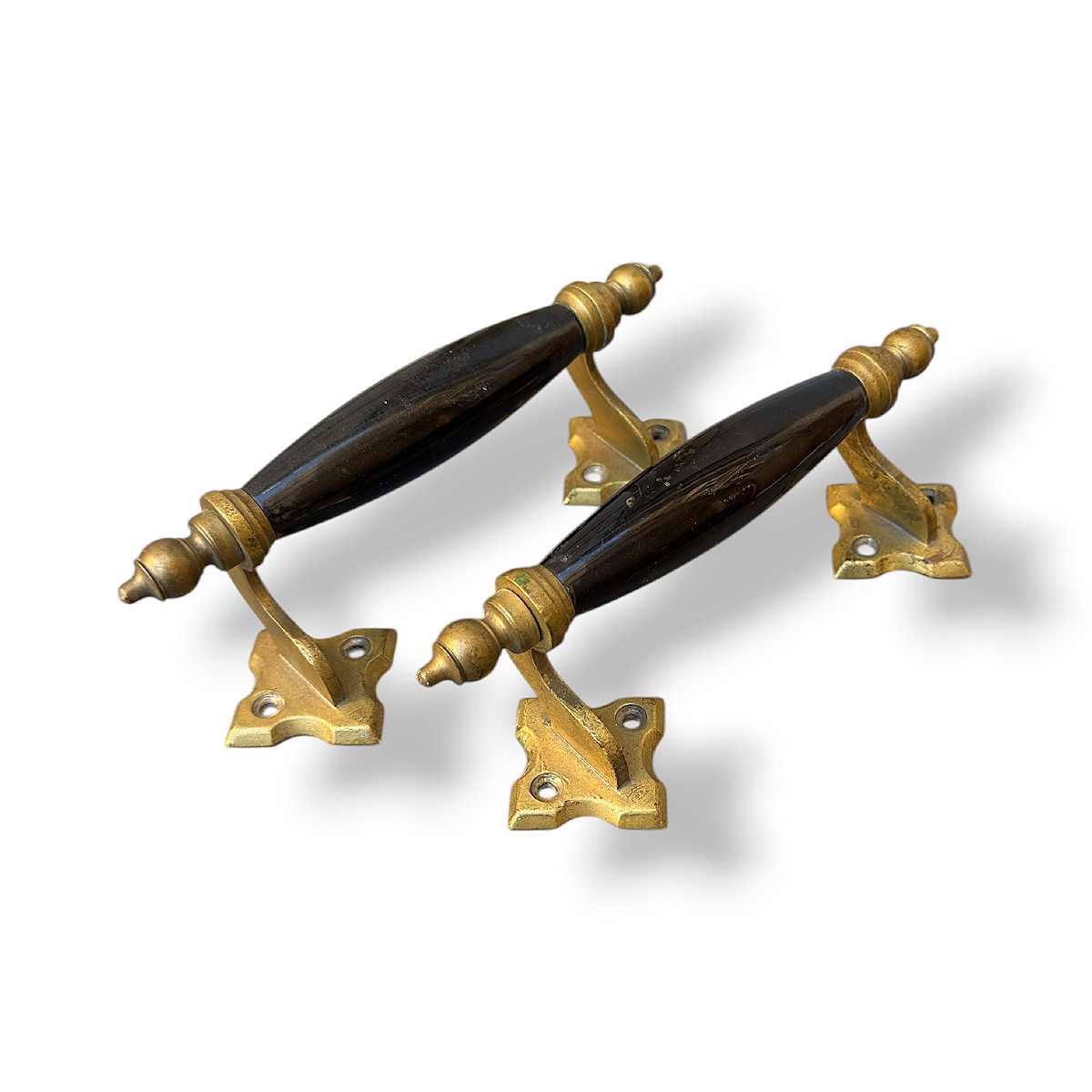 Pair Of Napoleon III Black Enameled Porcelain And Brass Pull Handles - Width 19 Cm