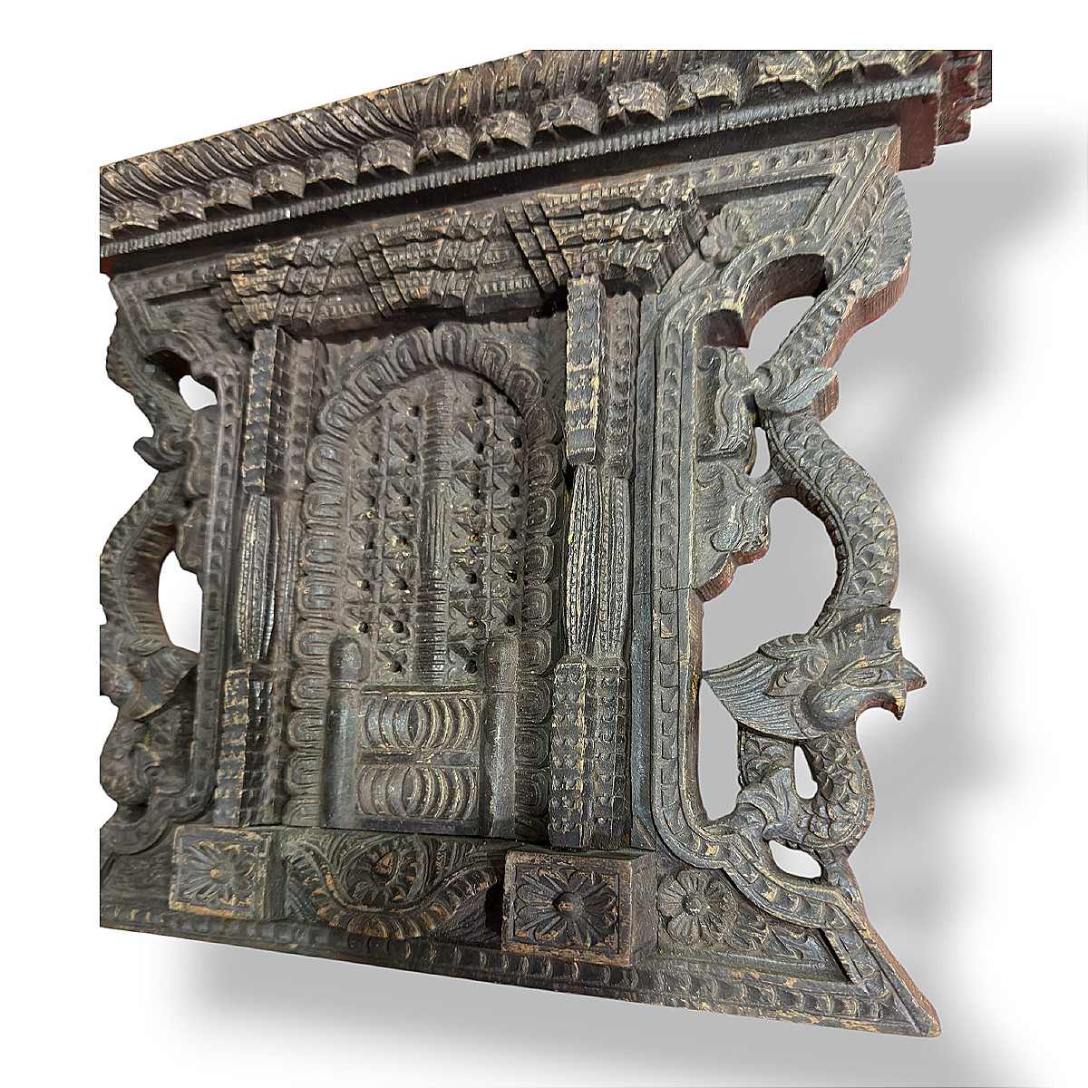 Indo-nepalese Carved Wood Architectural Element With Dragons And Arch - 19th Century-photo-1