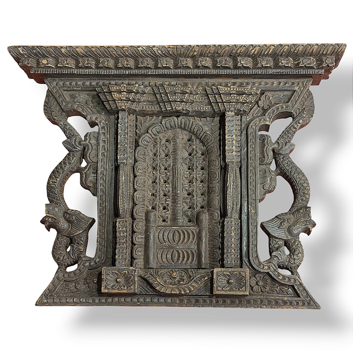 Indo-nepalese Carved Wood Architectural Element With Dragons And Arch - 19th Century