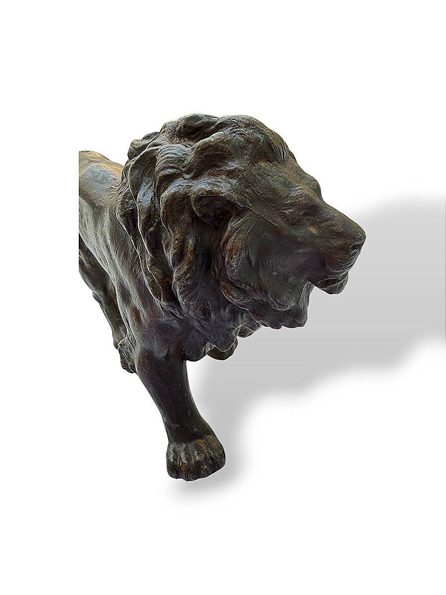 Sculpture "Lion marchant" - Régule XIXe siècle style Barye - Longueur 23 cm-photo-2