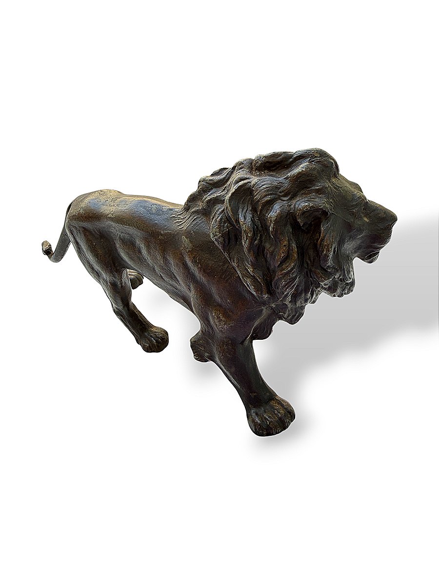 Sculpture "Lion marchant" - Régule XIXe siècle style Barye - Longueur 23 cm-photo-3