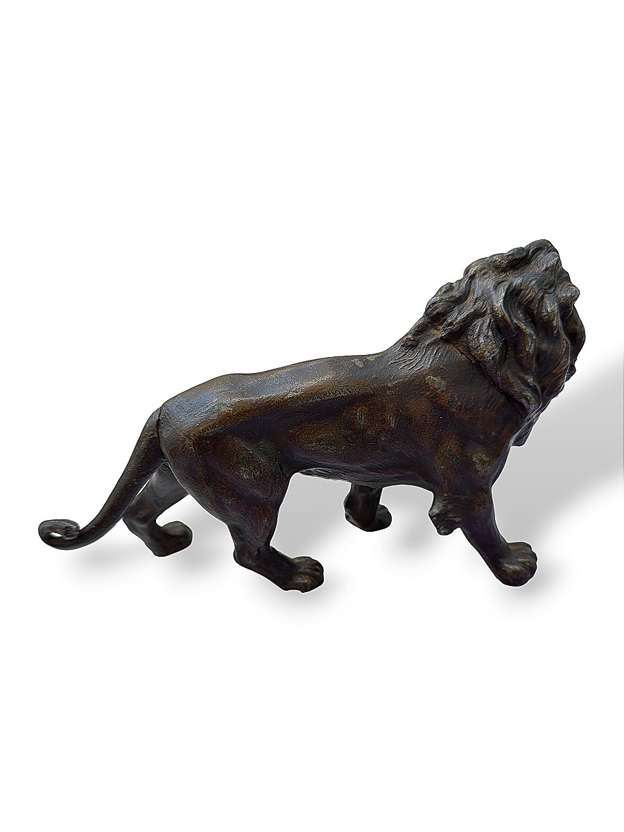 Sculpture "Lion marchant" - Régule XIXe siècle style Barye - Longueur 23 cm-photo-1
