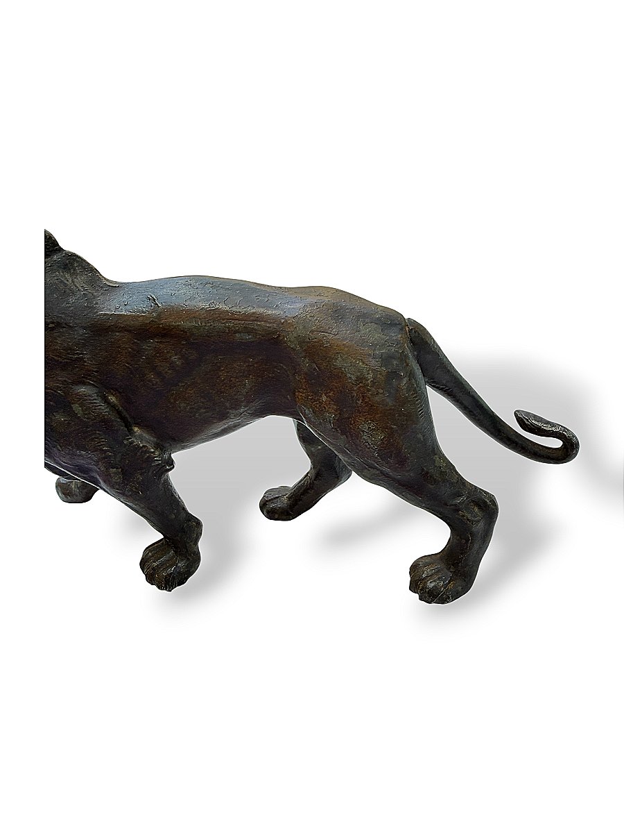 Sculpture "Lion marchant" - Régule XIXe siècle style Barye - Longueur 23 cm-photo-2