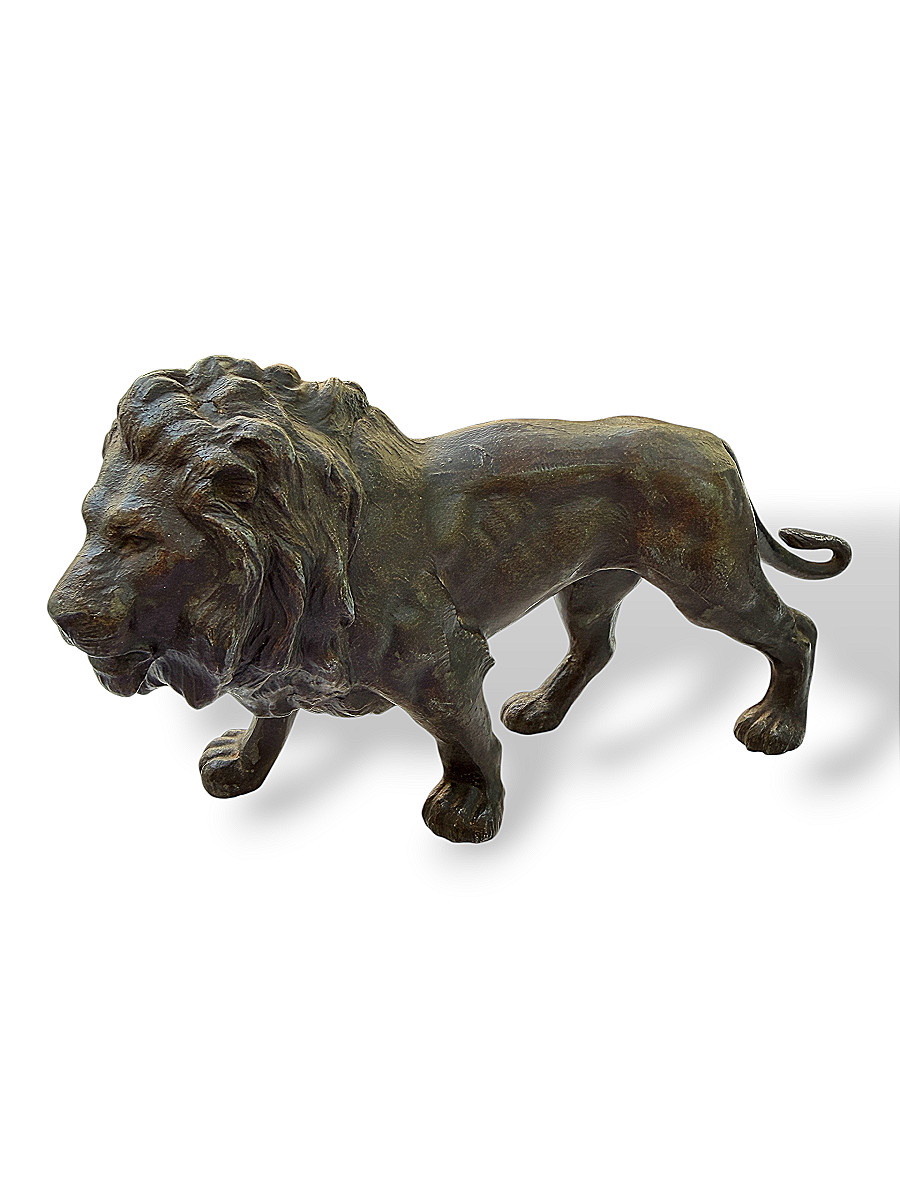 Sculpture "Lion marchant" - Régule XIXe siècle style Barye - Longueur 23 cm