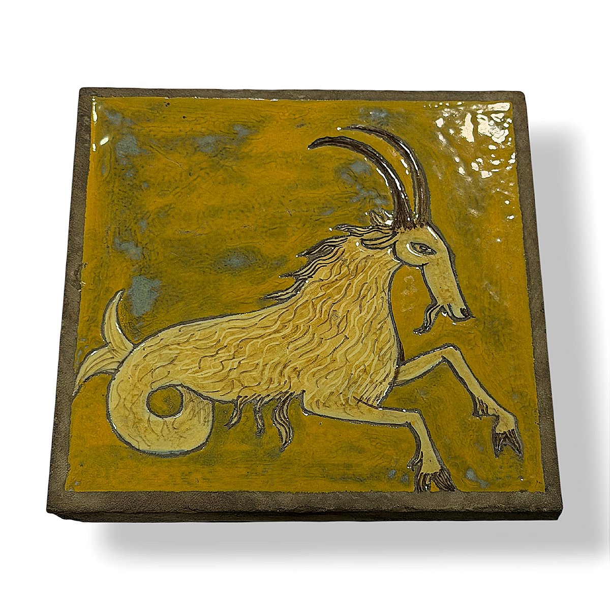 Vallauris Style Glazed Ceramic Tile - Zodiac Sign Capricorn 20x20cm - Circa 1950-photo-2