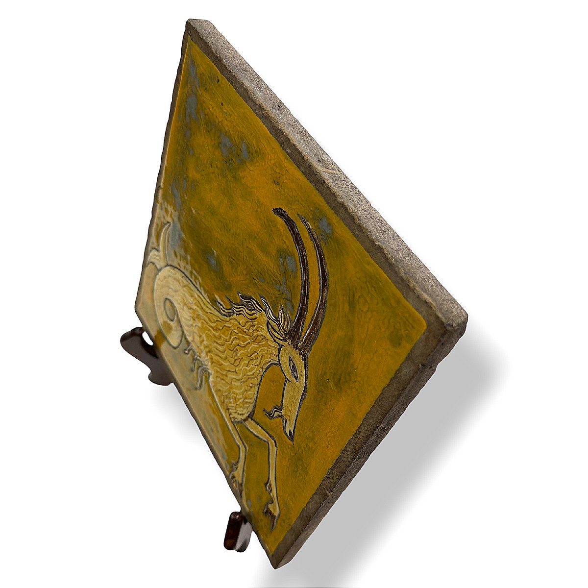 Vallauris Style Glazed Ceramic Tile - Zodiac Sign Capricorn 20x20cm - Circa 1950-photo-4
