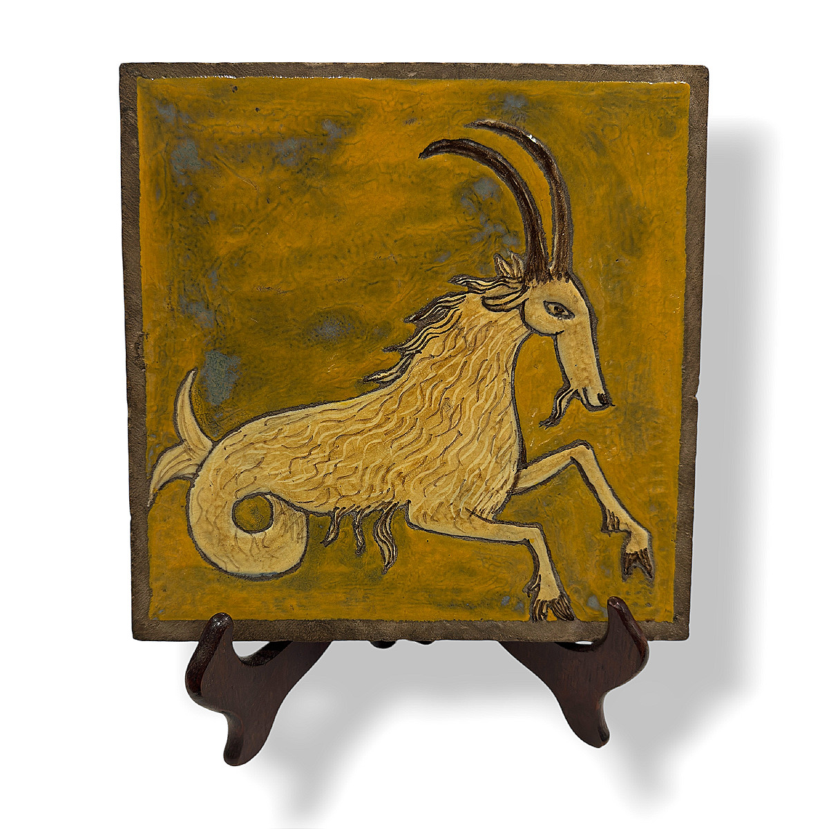 Vallauris Style Glazed Ceramic Tile - Zodiac Sign Capricorn 20x20cm - Circa 1950