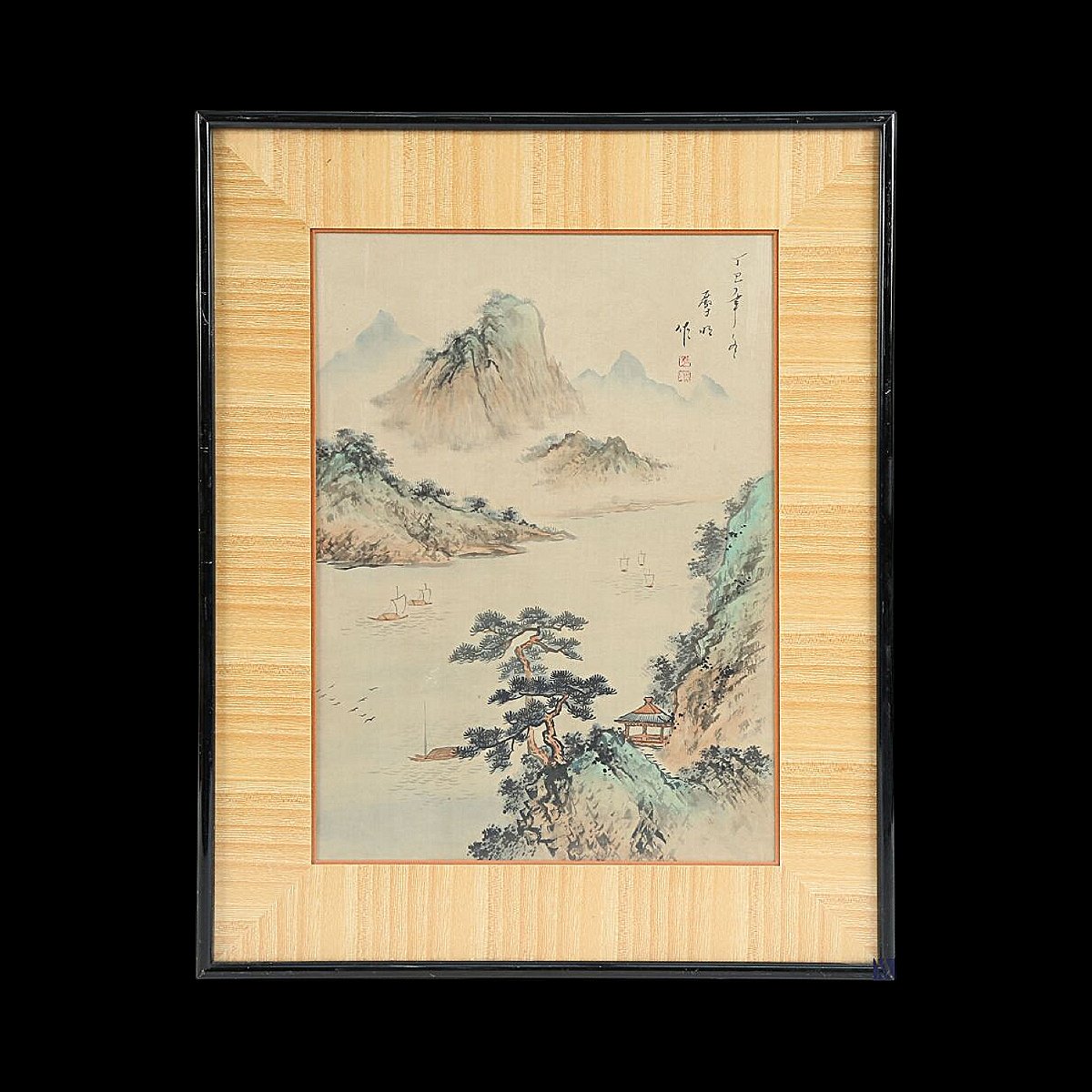 Peinture Chinoise de Paysage Shanshui - Signée & Datée 1977 - Encre et Couleurs - 36,5 x 26,5cm-photo-1