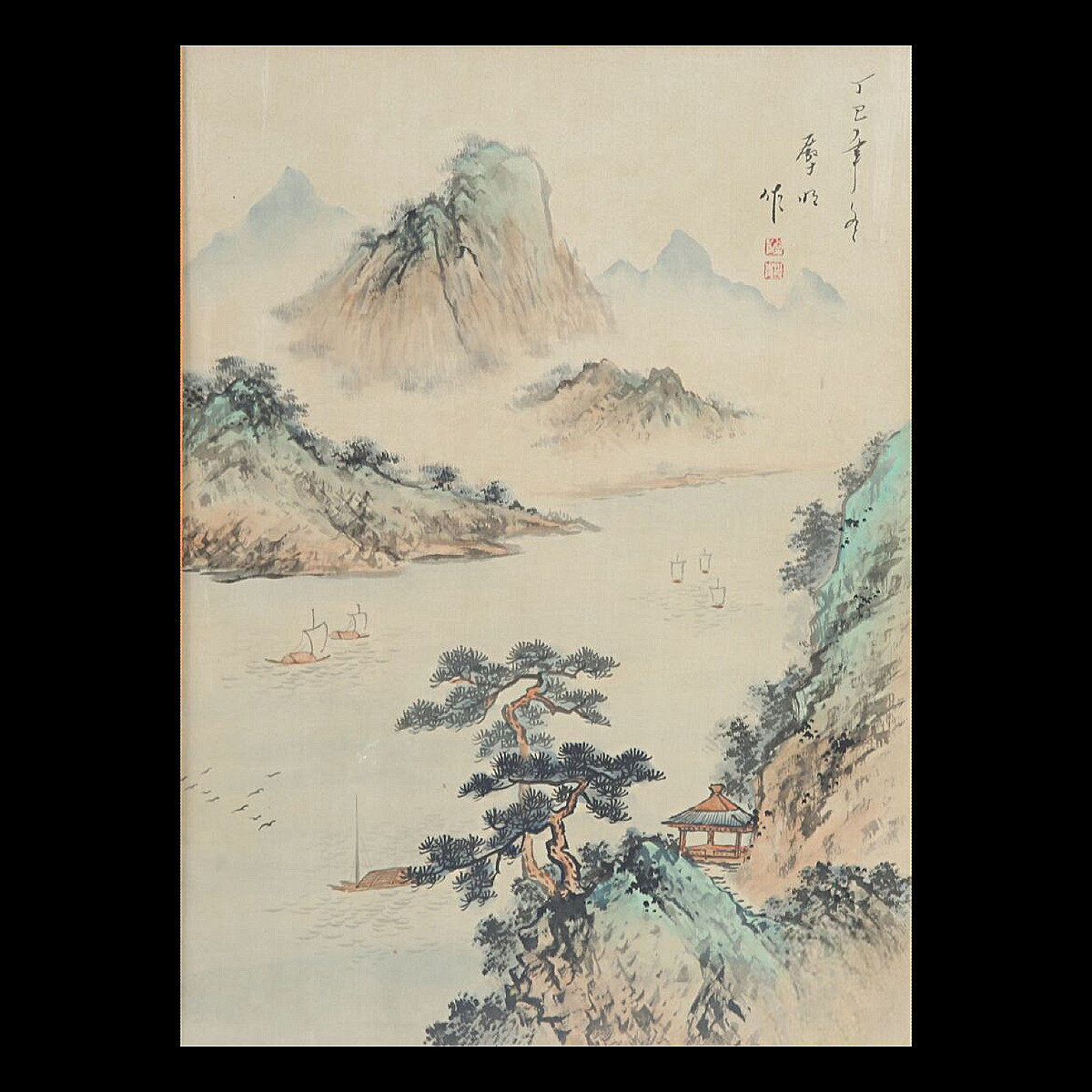 Peinture Chinoise de Paysage Shanshui - Signée & Datée 1977 - Encre et Couleurs - 36,5 x 26,5cm