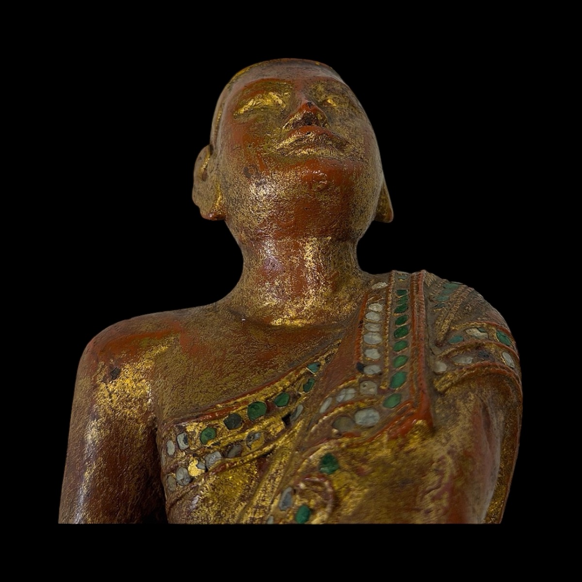 Figurine Disciple de Bouddha en bois laqué & doré - Birmanie - Style Mandalay - Fin XIXe siècle-photo-2