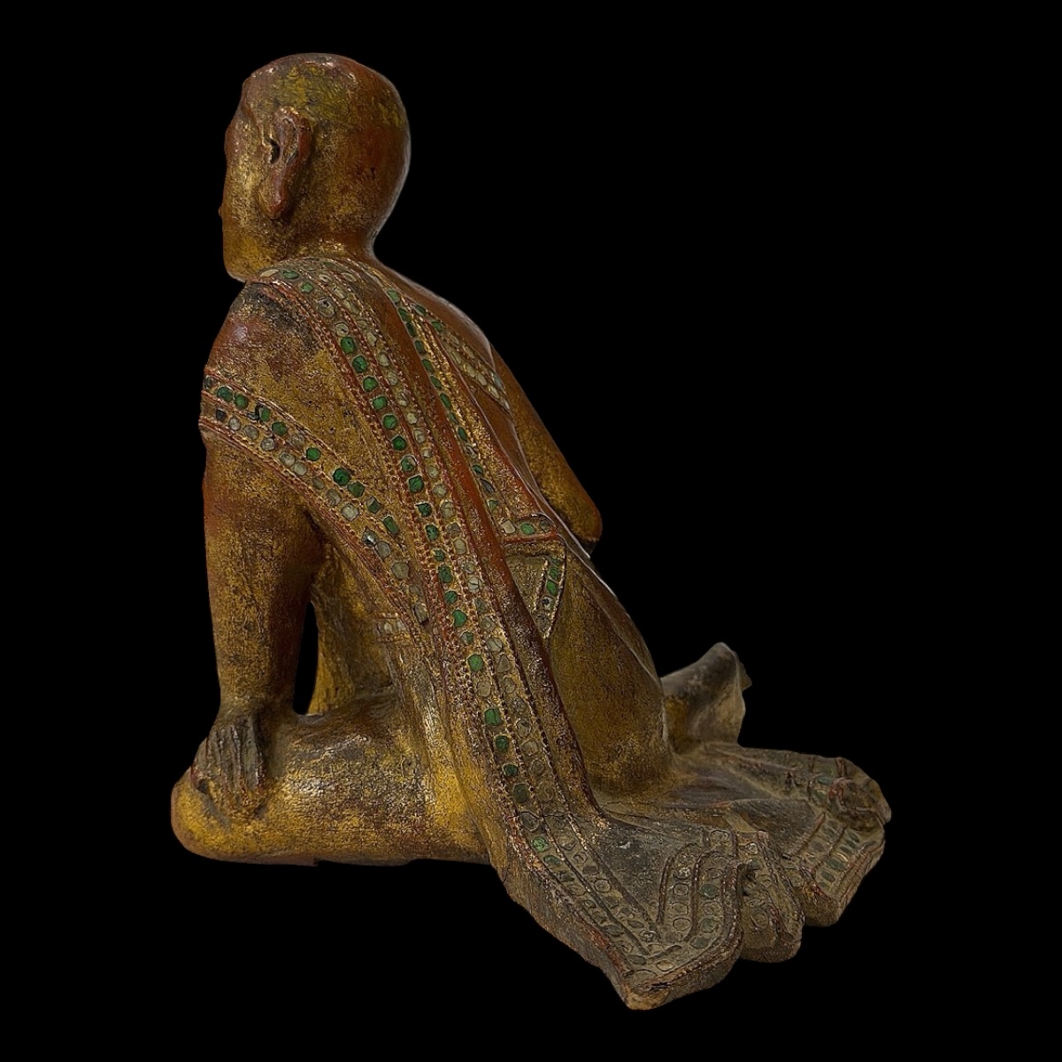 Figurine Disciple de Bouddha en bois laqué & doré - Birmanie - Style Mandalay - Fin XIXe siècle-photo-3