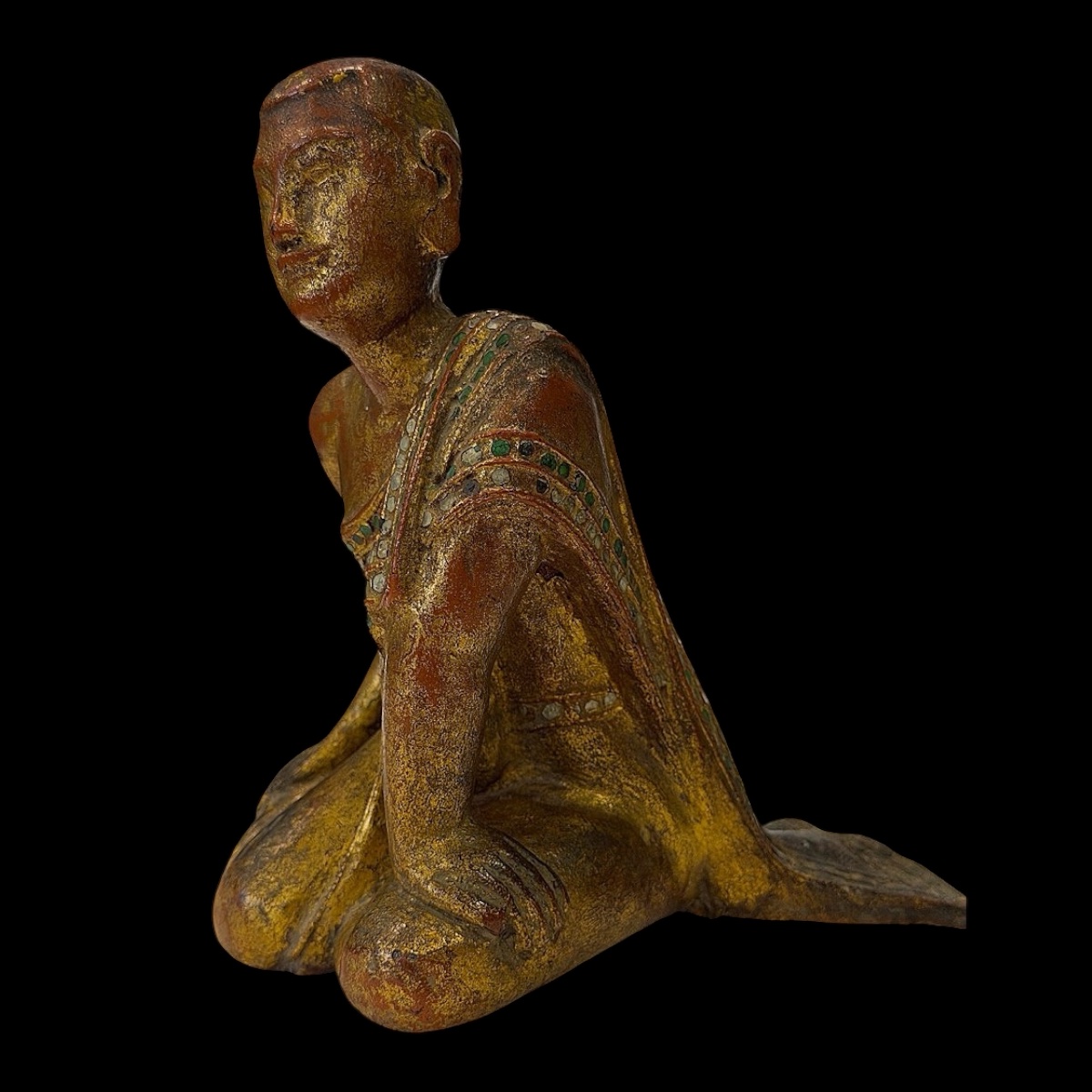 Figurine Disciple de Bouddha en bois laqué & doré - Birmanie - Style Mandalay - Fin XIXe siècle-photo-4