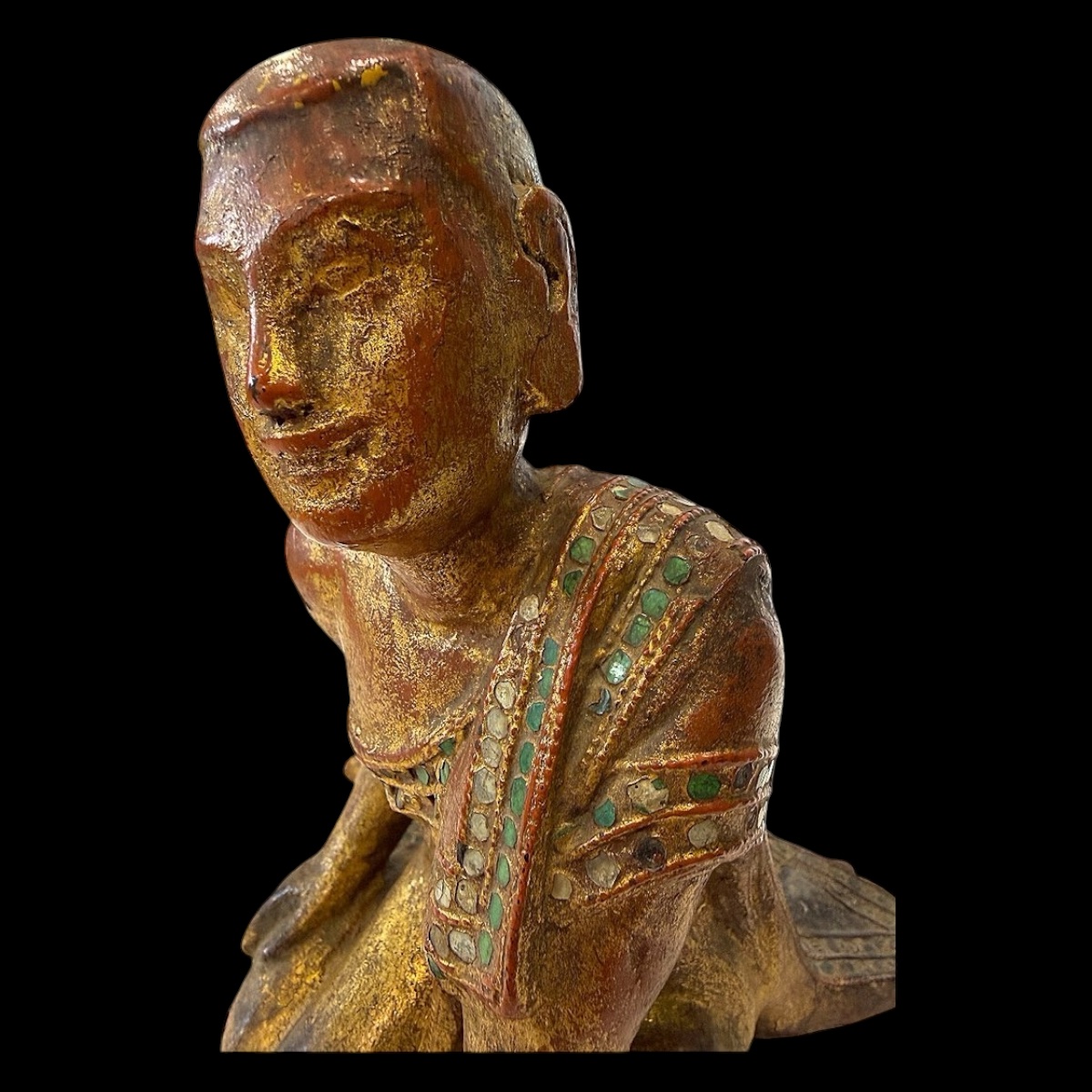 Figurine Disciple de Bouddha en bois laqué & doré - Birmanie - Style Mandalay - Fin XIXe siècle-photo-2