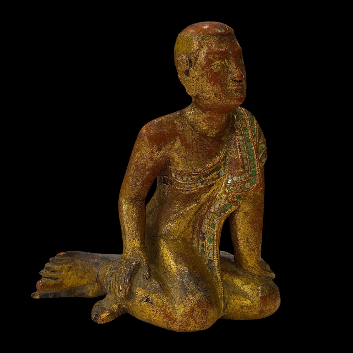 Figurine Disciple de Bouddha en bois laqué & doré - Birmanie - Style Mandalay - Fin XIXe siècle
