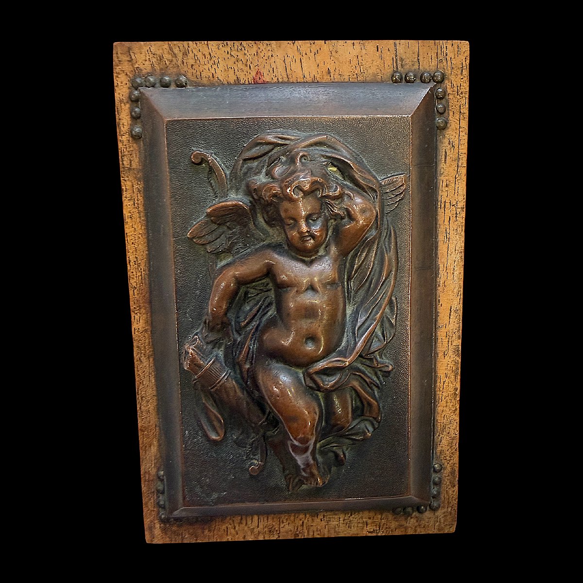 Plaque en Cuivre Repoussé - Putto Allégorique Cupidon - XIXe Siècle-photo-2