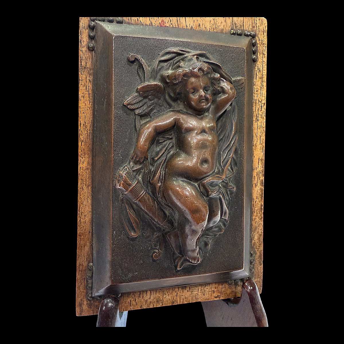 Plaque en Cuivre Repoussé - Putto Allégorique Cupidon - XIXe Siècle-photo-3