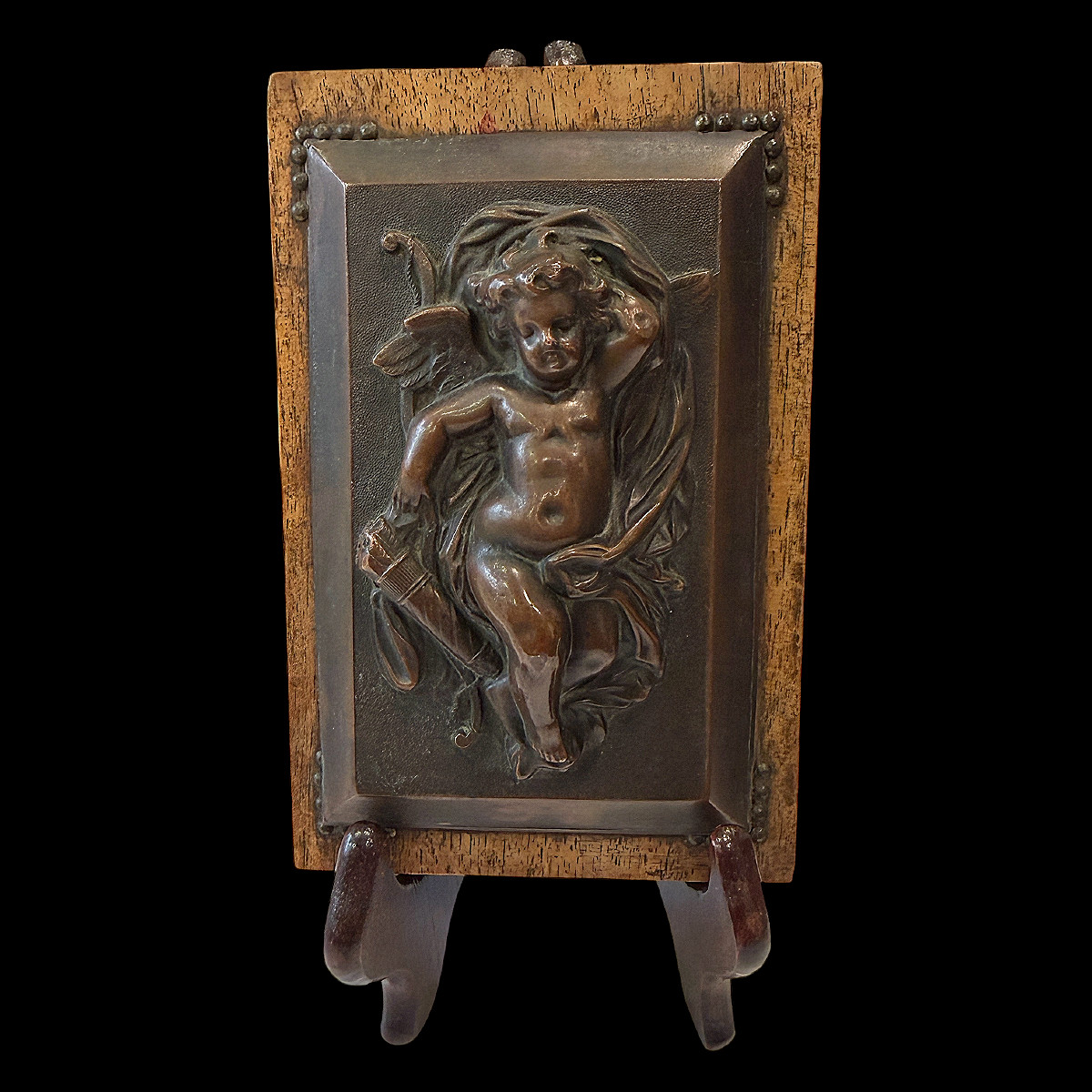 Plaque en Cuivre Repoussé - Putto Allégorique Cupidon - XIXe Siècle