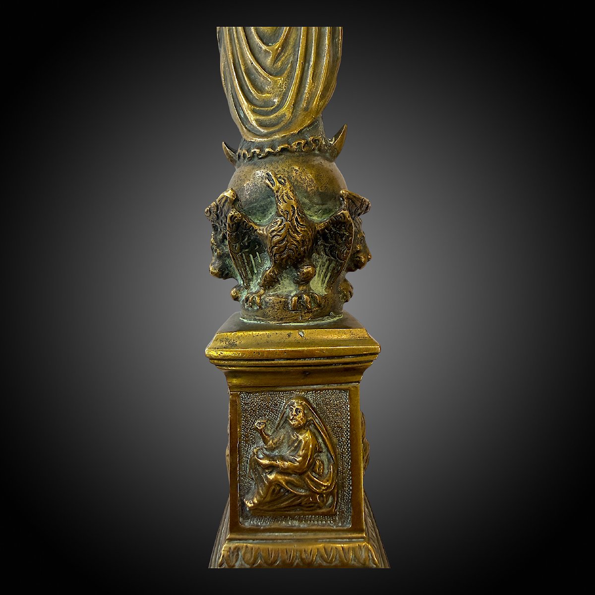 Statuette Vierge Immaculée Conception - Tetramorph In Bronze - H 22 Cm - 19th Century-photo-3
