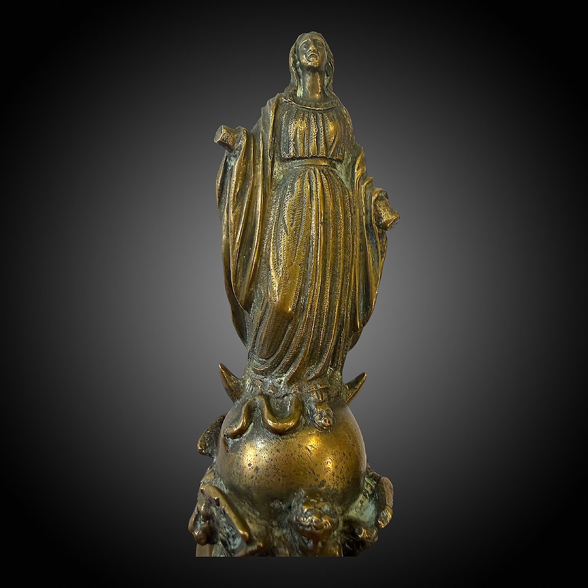 Statuette Vierge Immaculée Conception - Tetramorph In Bronze - H 22 Cm - 19th Century-photo-5