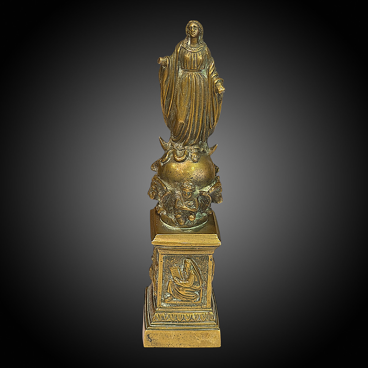 Statuette Vierge Immaculée Conception - Tetramorph In Bronze - H 22 Cm - 19th Century