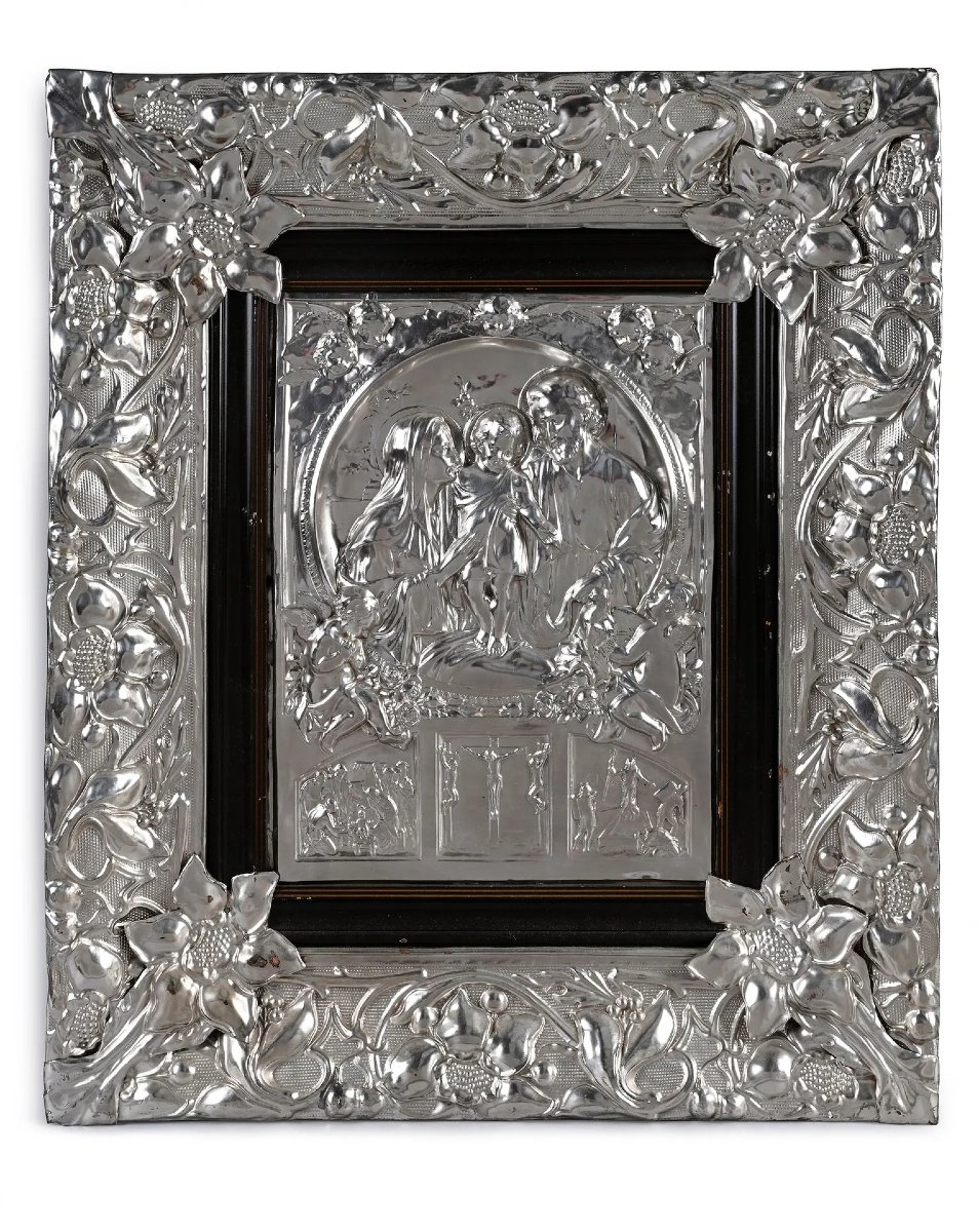 Tableau De Dévotion Sainte Famille Et Passion - Embossed Copper And Nickel Silver - 19th Century-photo-5