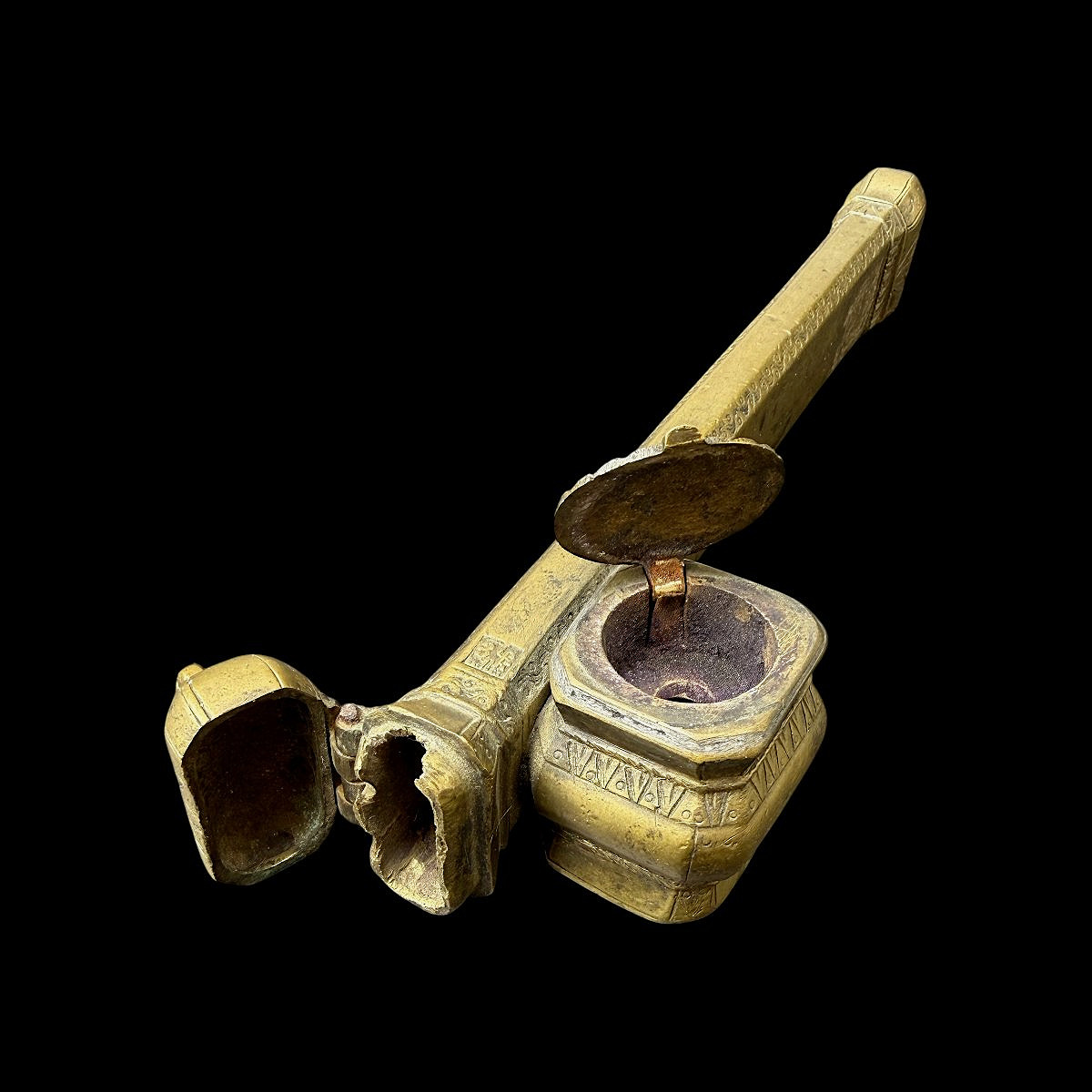 Ottoman Divit Qalamdan Engraved Brass Inkwell - 19th C. Circa 1850 Signed By The Craftsman-photo-3