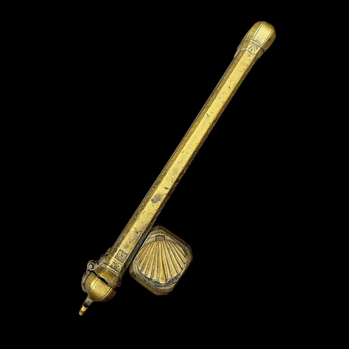 Ottoman Divit Qalamdan Engraved Brass Inkwell - 19th C. Circa 1850 Signed By The Craftsman-photo-3