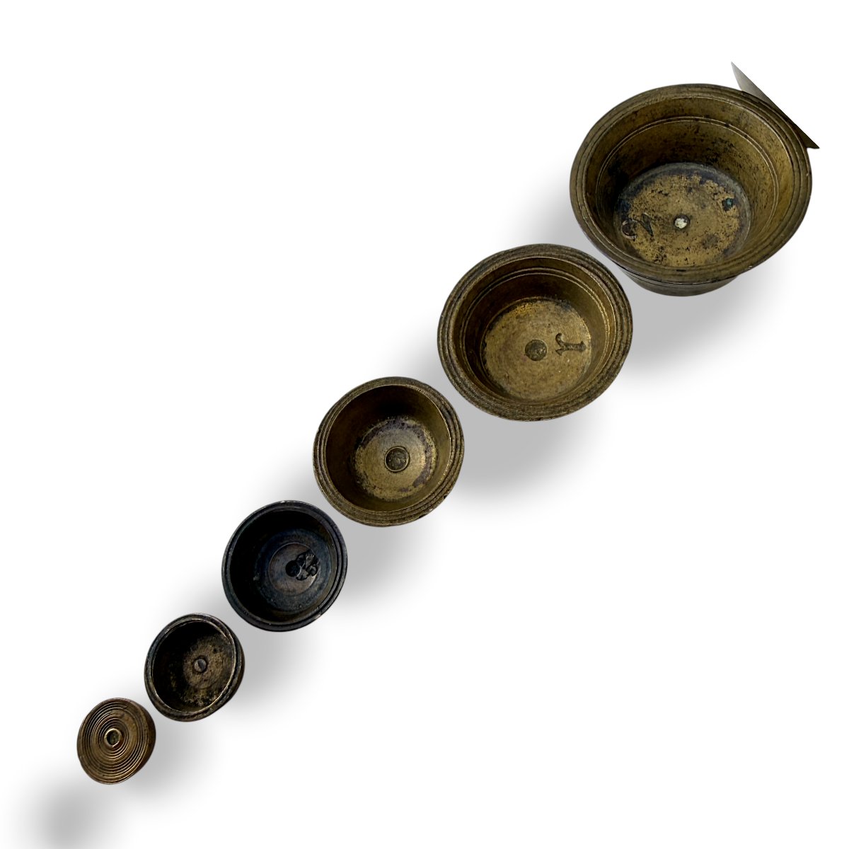 Nuremberg Stack Brass & Bronze Bucket Weights - Complete Series - 17th-18th Century-photo-3