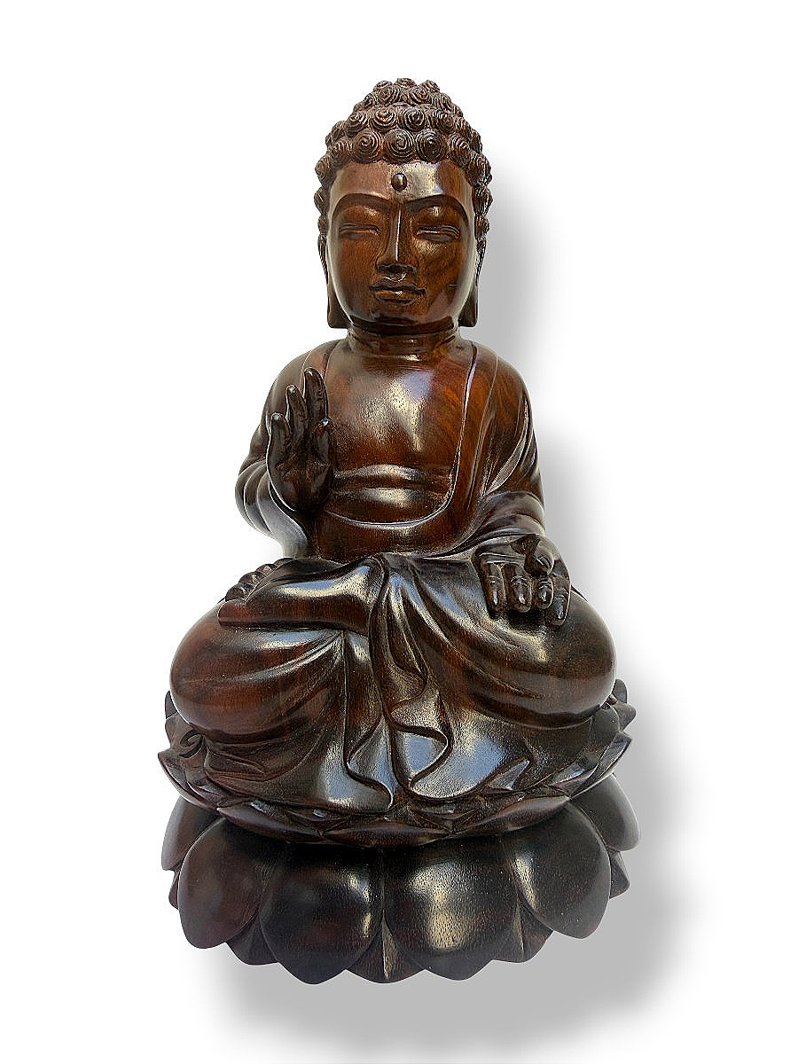 Statue de Bouddha en bois de palissandre sculpté provenant de la Njana Tilem Gallery à Bali-photo-4