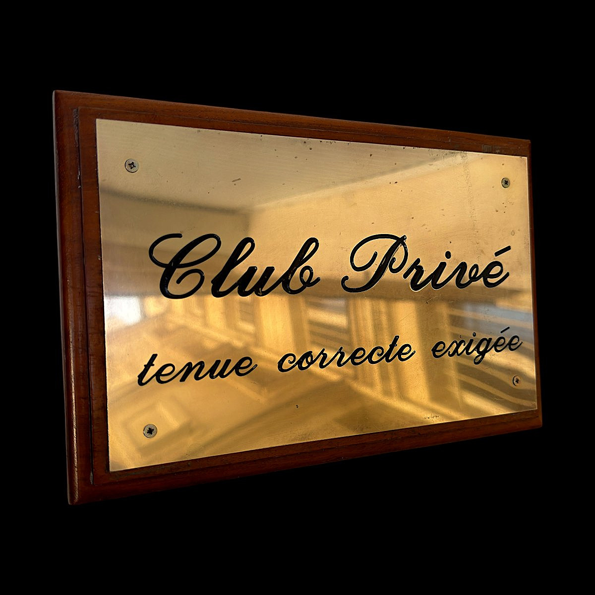 Plaque CLUB PRIVÉ en laiton et support mural en bois - France - Milieu XXe siècle (vers 1950)-photo-3