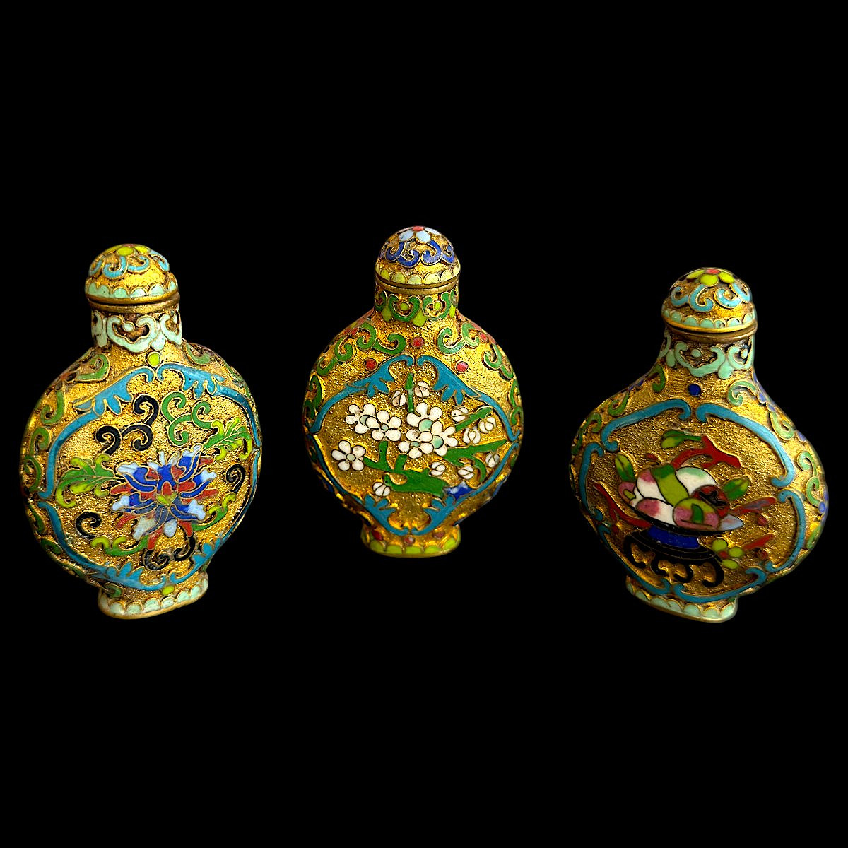 Lot de 3 Tabatières ou flacons à priser - Émail Polychrome à Décor Floral - Chine XXe siècle-photo-4