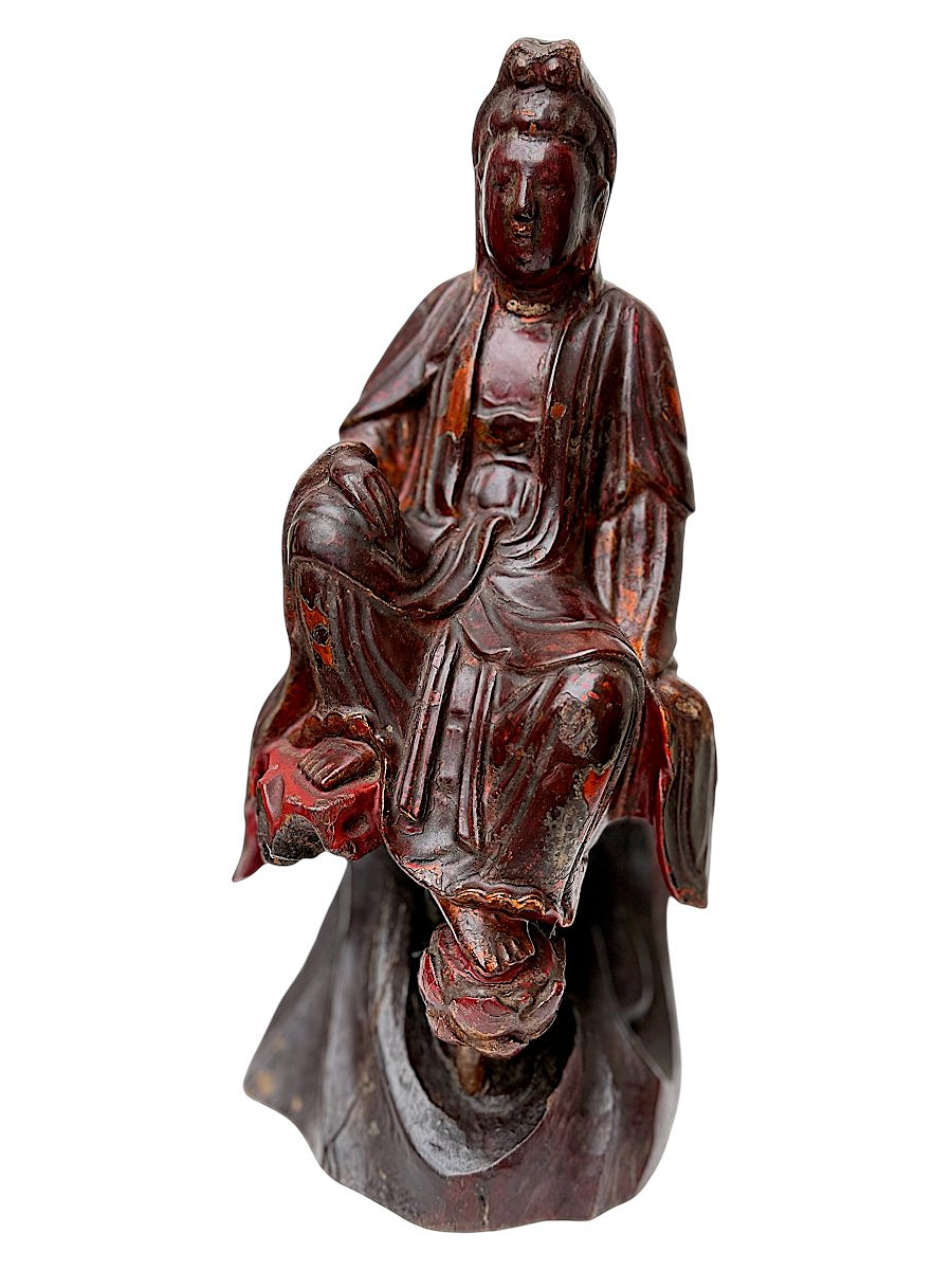 Carved Wood And Lacquer Guanyin Sculpture - 19th Century - Buddhism - Far Eastern Art-photo-3