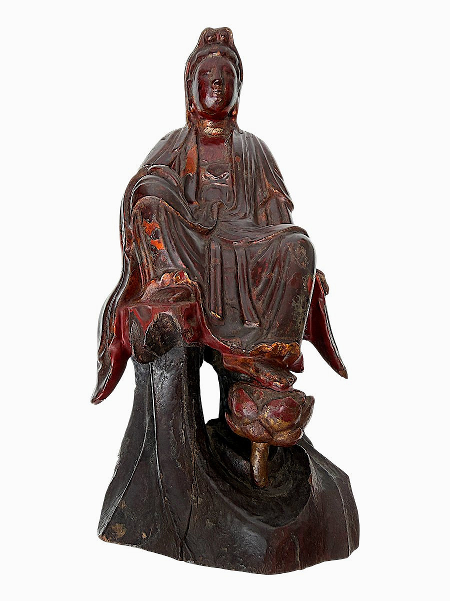 Carved Wood And Lacquer Guanyin Sculpture - 19th Century - Buddhism - Far Eastern Art-photo-4