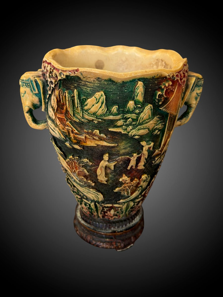 Glazed Ceramic Vase Or Planter With Rich Relief Decoration – Elephant Handles – 20th Century-photo-3