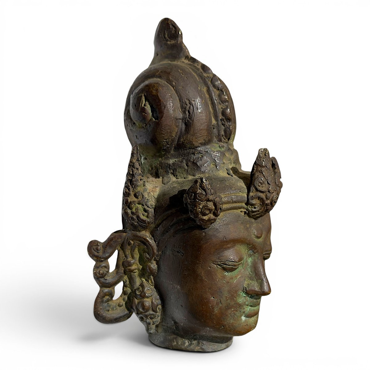 Patinated Bronze Head Of A Buddhist Deity—asian Art, Late 19th/early 20th Century—h 14.5 Cm-photo-2