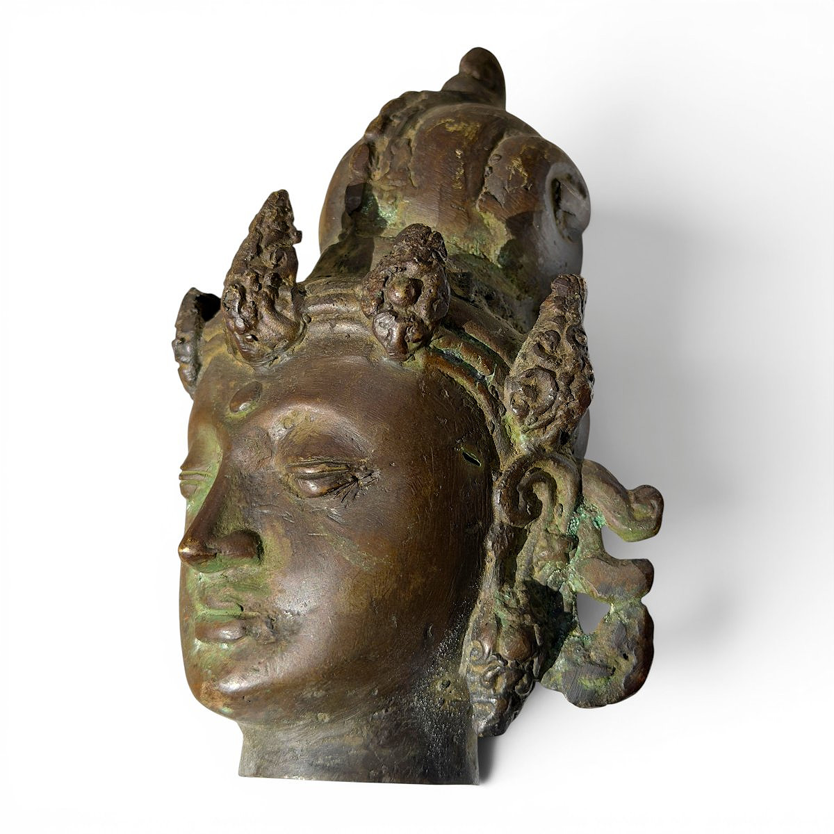 Patinated Bronze Head Of A Buddhist Deity—asian Art, Late 19th/early 20th Century—h 14.5 Cm-photo-3