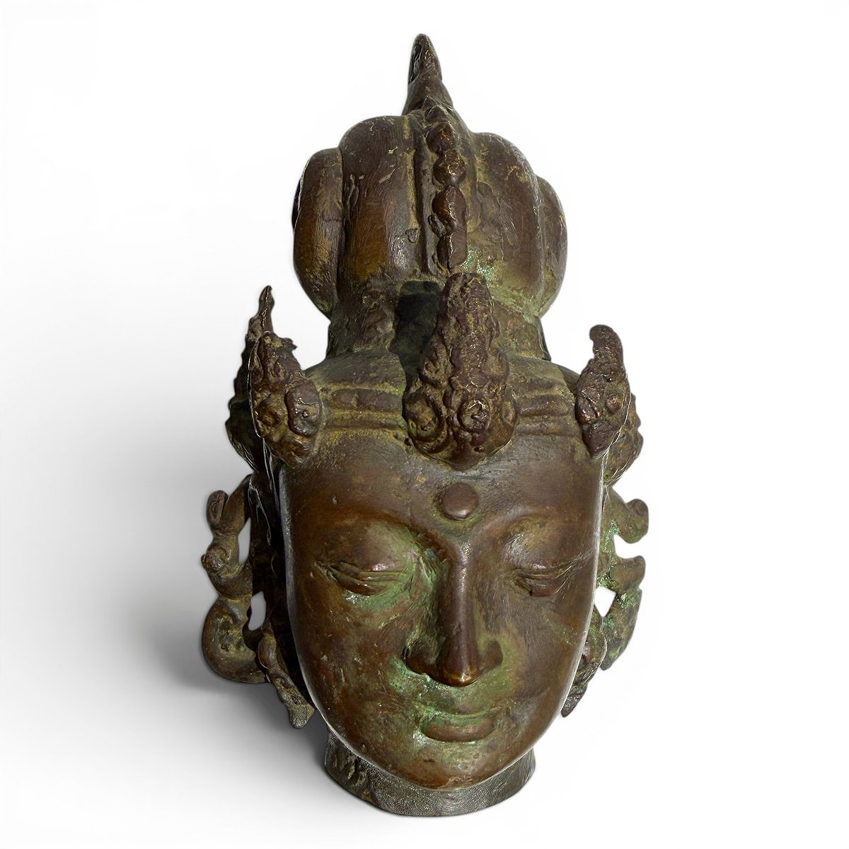 Patinated Bronze Head Of A Buddhist Deity—asian Art, Late 19th/early 20th Century—h 14.5 Cm