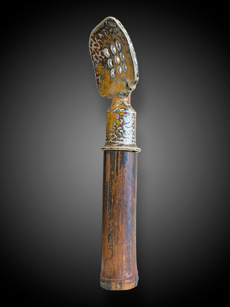 Glazed Stoneware Curio On A Bamboo Handle (japan—shōwa Period?)—20th Century-photo-4
